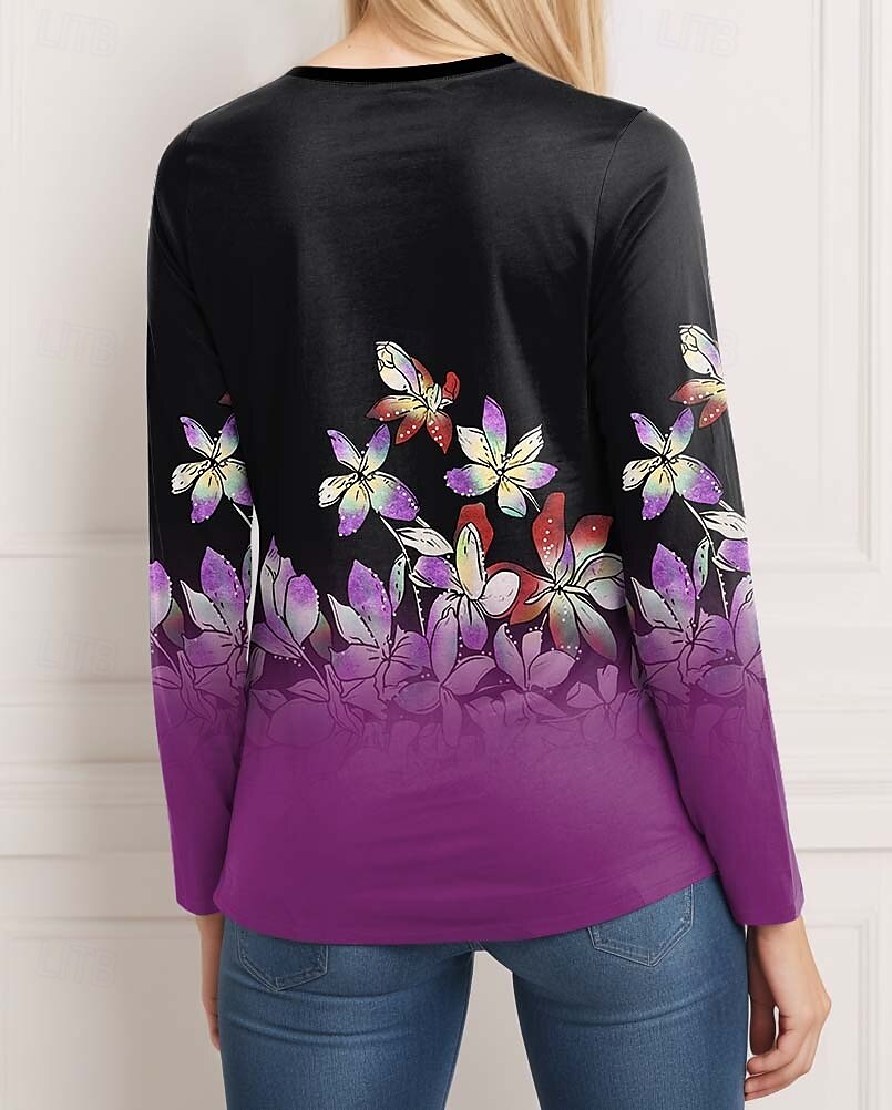 Kobiec T-shirt tunika moda casual nadruk długi rękaw regularne topy dekolt zaokrąglony codzienny czarny wiosna jesień 2025 - $22.99 –P2