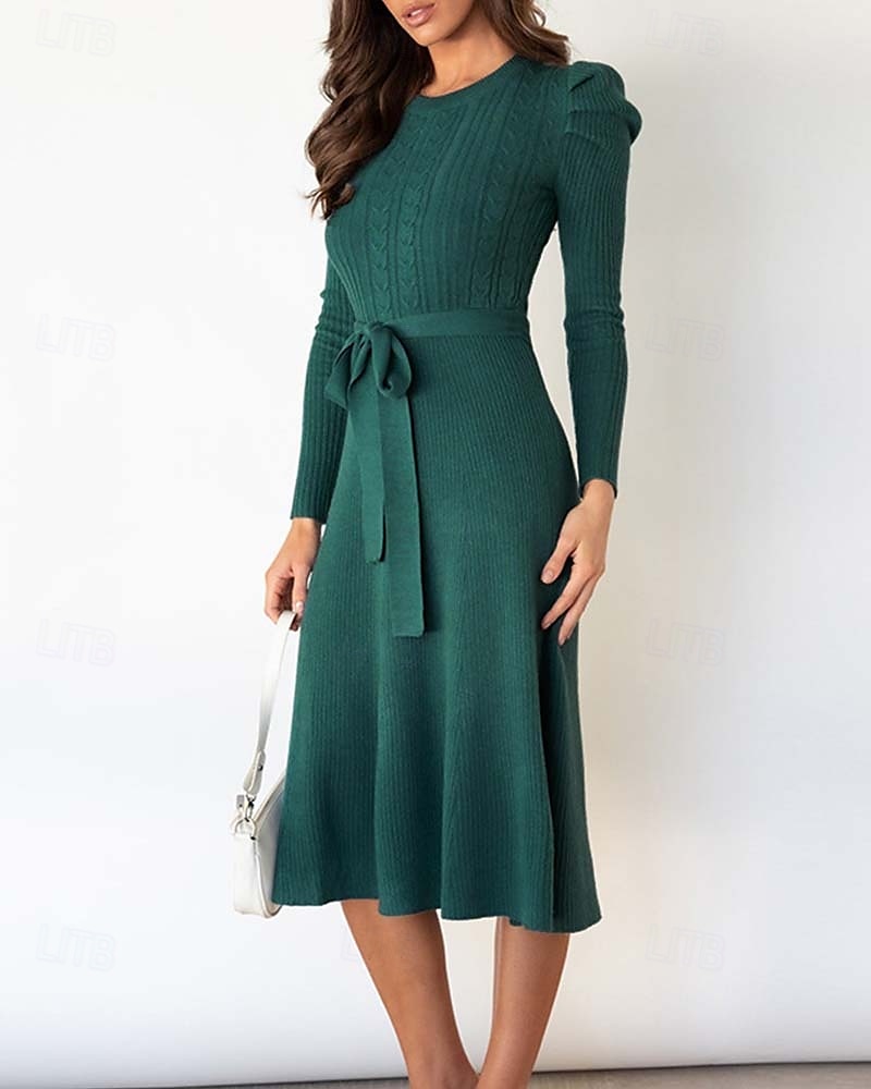 Damen Pullover Kleid Modisch elegante kleider Feste Farbe Gerippt Rundhalsausschnitt Strick Langarm Normale Oberteile Stricken Arbeit Täglich Schwarz Grün Herbst Winter 2025 - $62.99 –P8