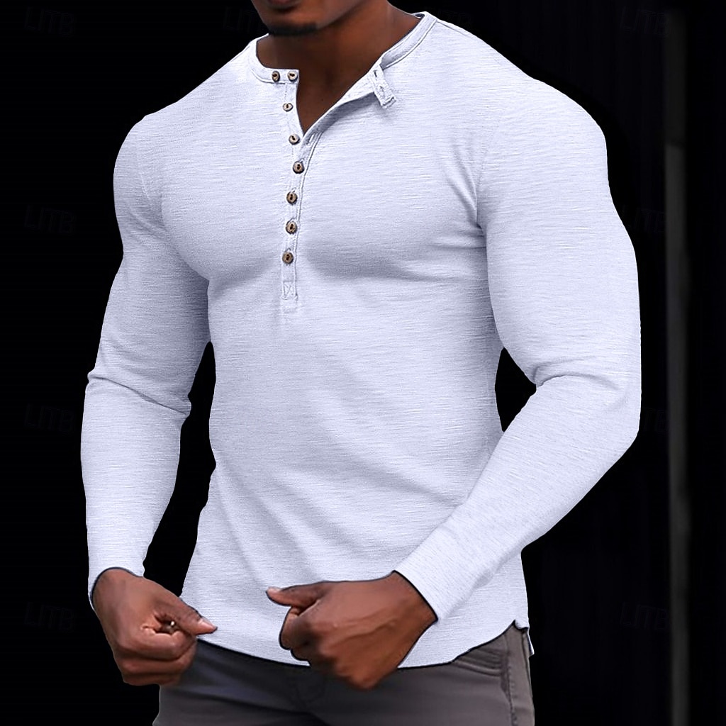 100% bawełniana męska koszulka henley koszulka z długim rękawem koszula z długim rękawem jednolity kolor modny codzienny guziki henley outdoor casual lato ciemnobrązowy wojskowa zieleń ciemnoszary henley t-shirt 2025 - $22.99 –P1