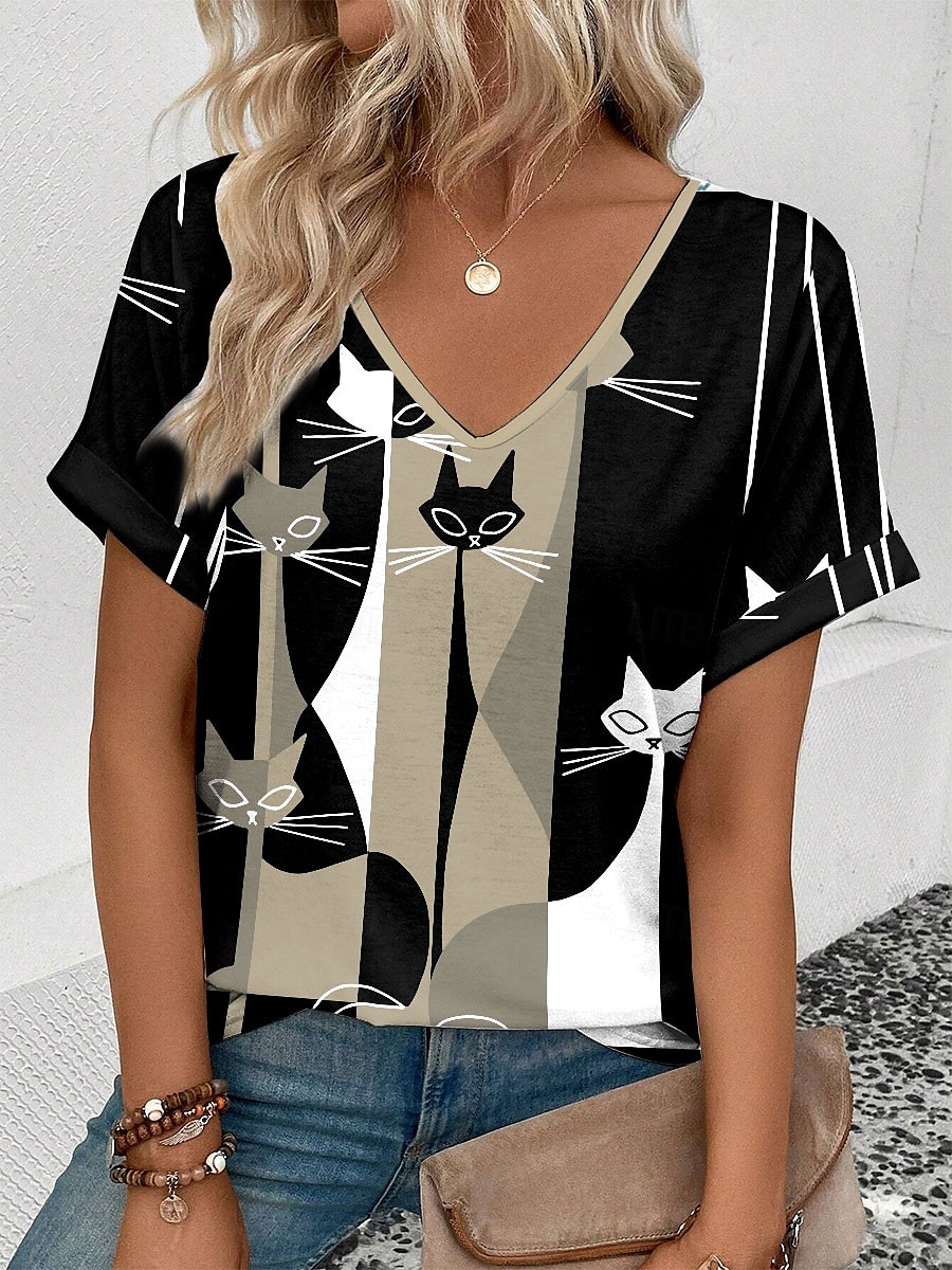 dámské tričko ležérní color block cat print krátký rukáv běžné topy do výstřihu denní khaki léto 2025 - $19.99 –P1