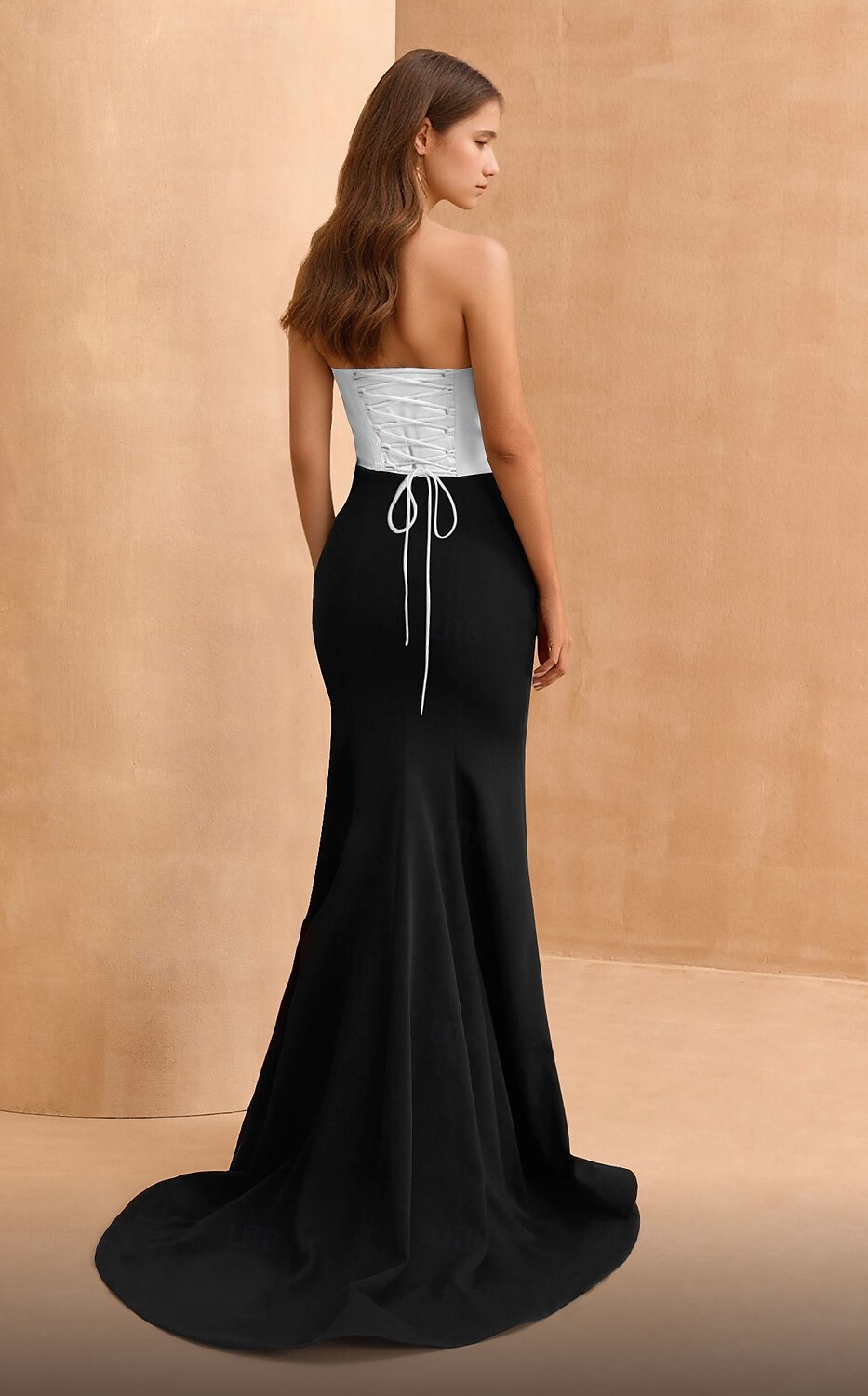 Robe de soirée sirène Noire Corsets Robe Formelle Longueur au sol Sans manches Sans bretelles Crêpe extensible Sans dos avec fronces Robe de bal masqué de 2025 ? $184.99 –P5