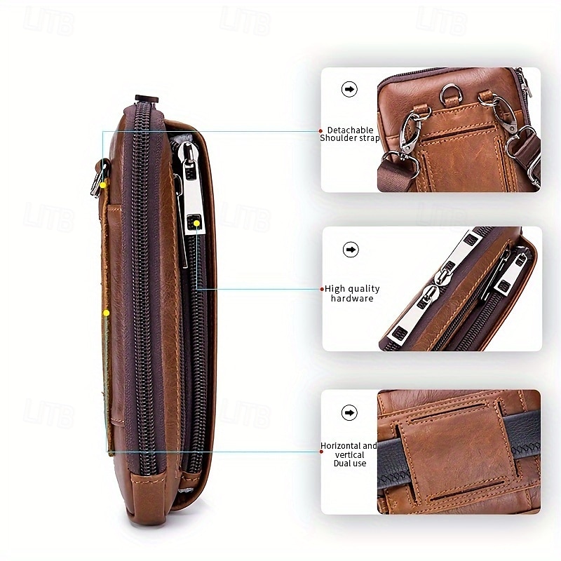 Sleek Brown Leather Vertical Sling Bag - Compact Men's Crossbody Bag with Multiple Zippered Pockets, Ideal for Daily Use and Travel 2025 - $29.99 –P4
