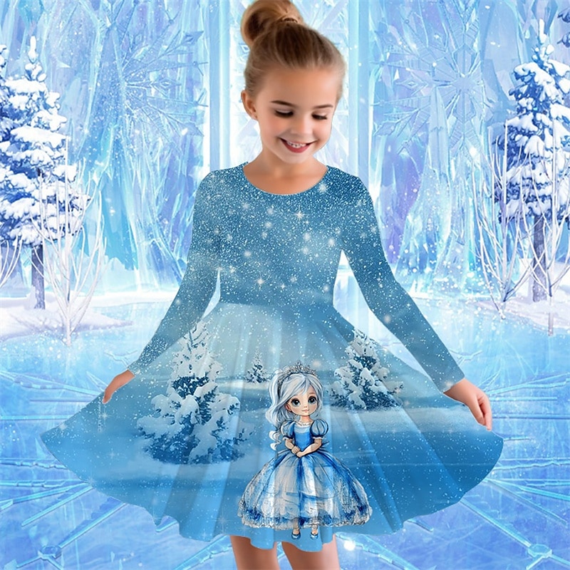 Flickor 3D Grafisk Tecknat Snöflinga Klänning Långärmad Sommar Vår Semester Dagligen Helgdag Skön Ljuv Barn 4-12 år Vardagsklänning A linjeklänning Knälång Normal 2025 - $16.99 –P1