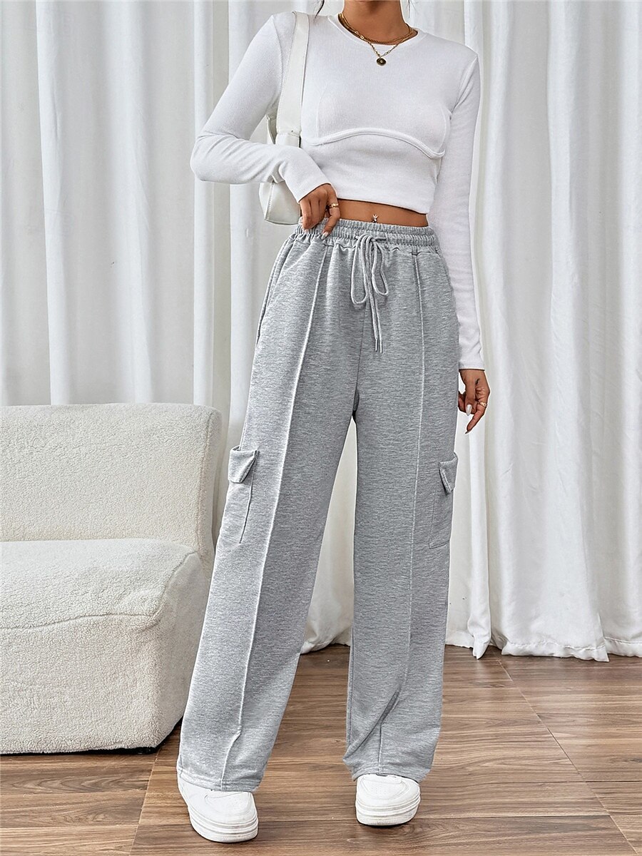Dam Joggingbyxor Kinesiska Mode Streetwear Fullängd Hög midja Slät Ficka Elastiskt midjeband Bekväm Mjuk Microelastisk Utomhus Gata Grå Höst Vinter Normal 2026 - $29.99 –P5