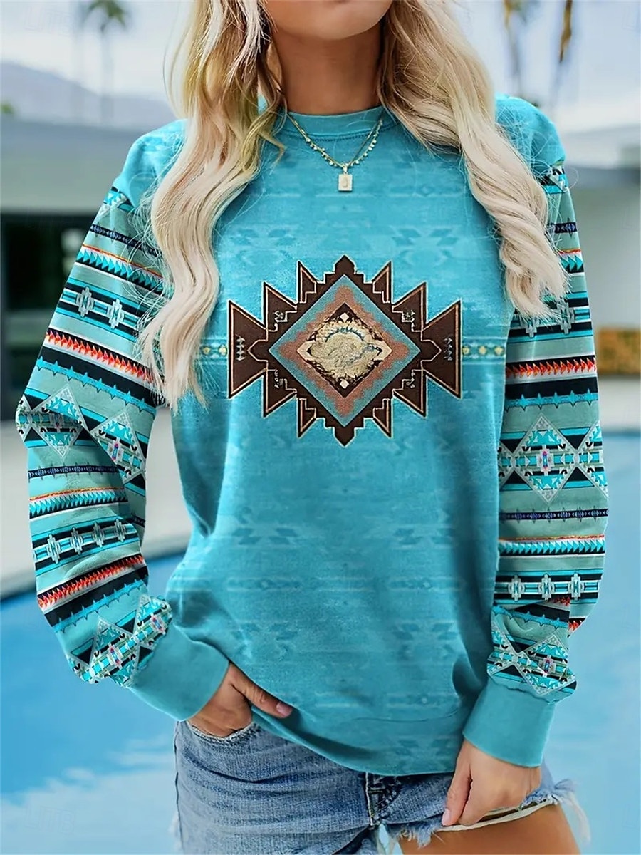 damegenser tribal street dailywear print vintage etnisk casual rund hals langermet mikroelastisk høst vinter komfort pustende mykt stoff 2026 - $29.99 –P1