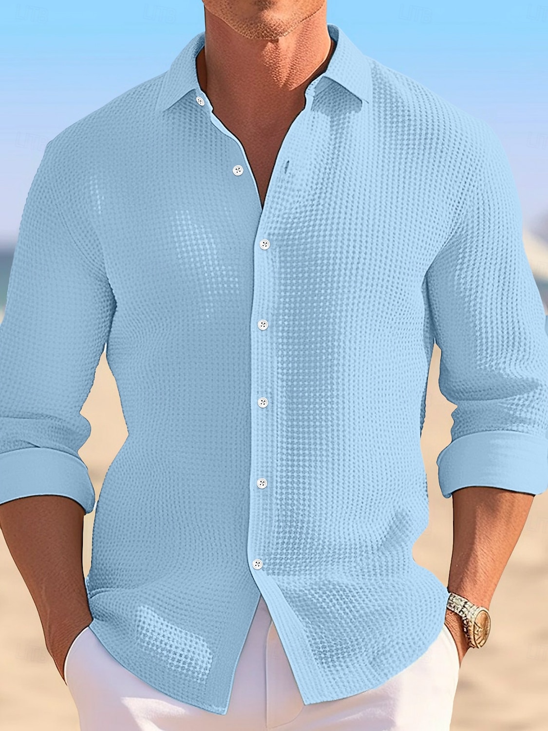 Men's Shirt Waffle Shirt Summer Shirt Casual Shirt Button Up Shirt Untucked Shirts Black White khaki Light Blue Long Sleeve Plain Lapel Vacation Daily Clothing Apparel Cotton Fashion Casual 2025 - $25.99 –P1