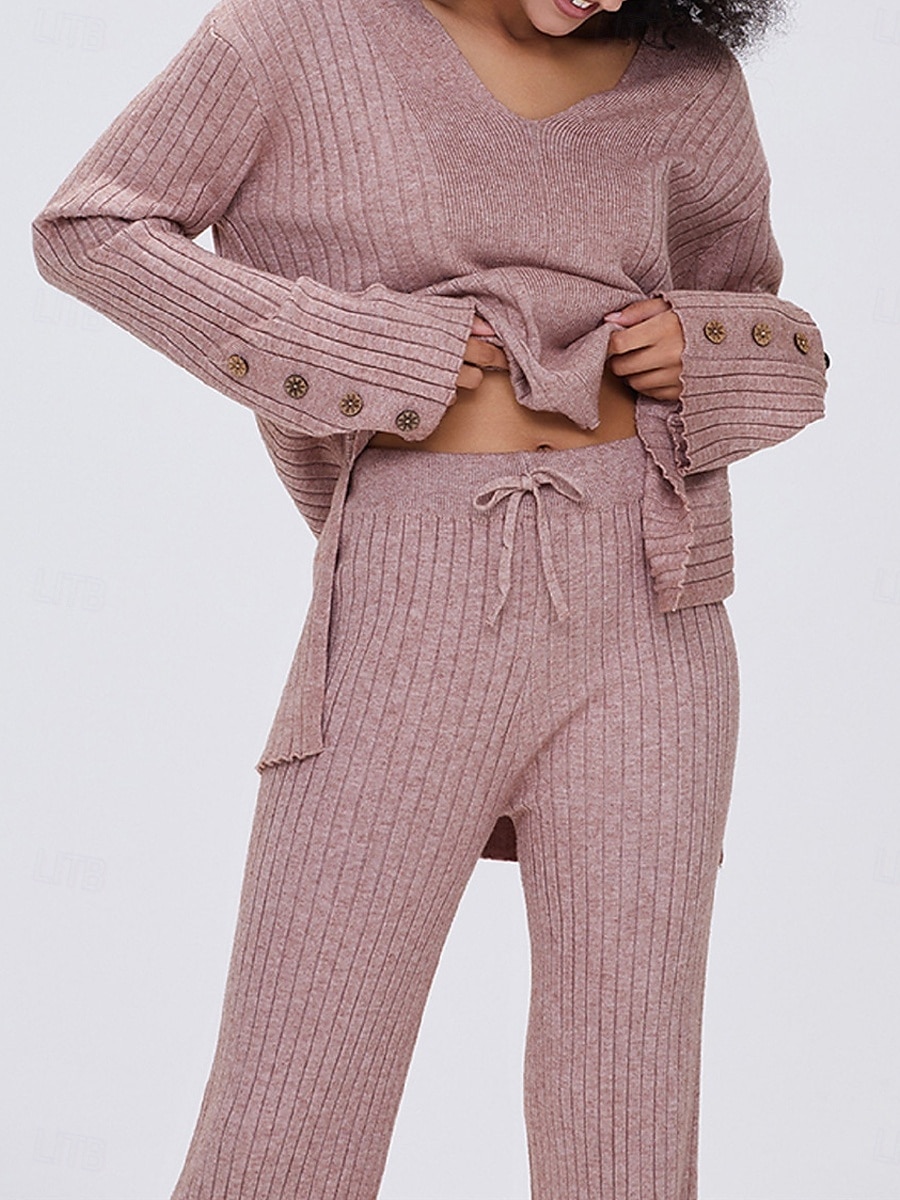 pyjamasset för kvinnor ren färg mode grundläggande komfort hem daglig säng stickad andas v wire långärmad tröja byxknapp resår midja höst vinter hem outfits 2025 - $52.99 –P9