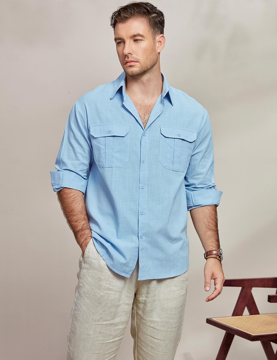 Voor heren Overhemd Katoenen linnen overhemd Zomer overhemd Strand Kleding Normaal shirt Overhemd met knopen Effen Vakantie Casual Zwart Wit blauw Lange mouw Revers Lente zomer Kleding Zak 2025 - $23.99 –P5
