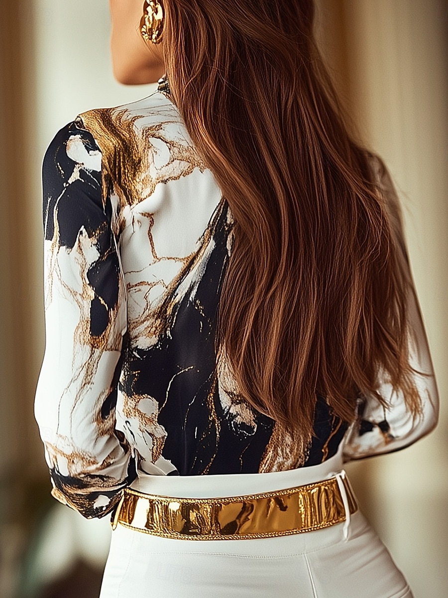 Damen Shirt Modern Print Langarm Regular Tops Hemdkragen Arbeit Schwarz Sommer Frühling Herbst 2025 - $29.99 –P2