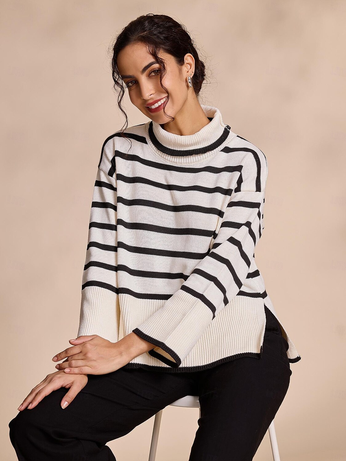 Per donna Felpa A collo alto A coste Maglia Misto lana A campana Autunno inverno Casual / quotidiano Casual quotidiano Manica lunga Banda Bianco S M L del 2025 a $54.99 –P7