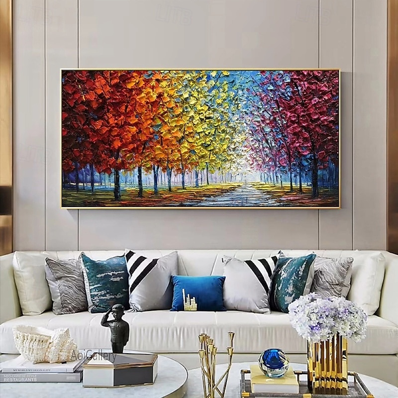 grande peinture à l'huile d'arbre peinte à la main sur toile peinture d'automne de forêt colorée faite à la main pour l'art du salon peinture impasto texturée lourde peinte à la main de 2025 ? $61.99 –P2