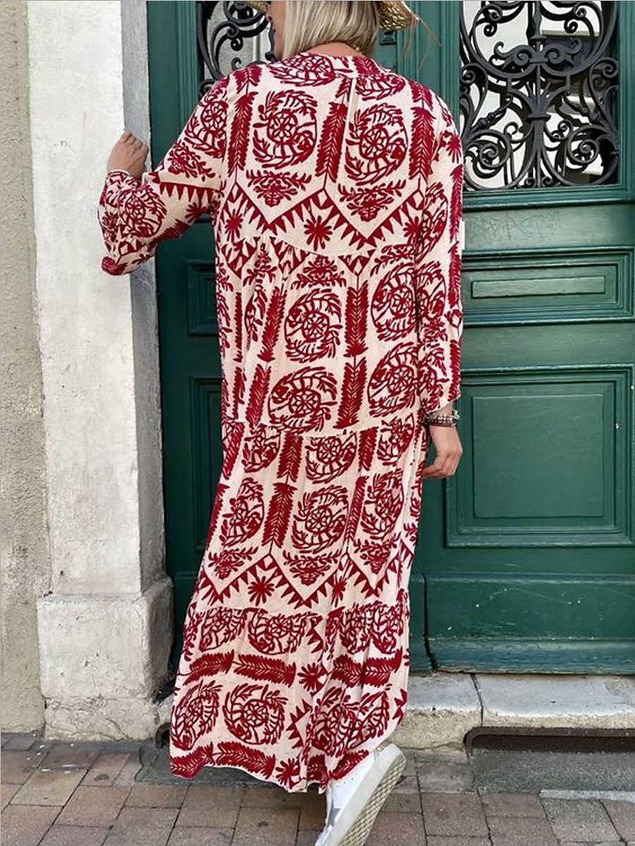 Dámské Maxi šaty Boho šaty Elegantní stylové Dovolená Denní Běžný Grafika Dlouhý rukáv Košilový límec Rubínově červená Vodní modrá Trávová zelená Léto Jaro Podzim 2025 - $30.99 –P3