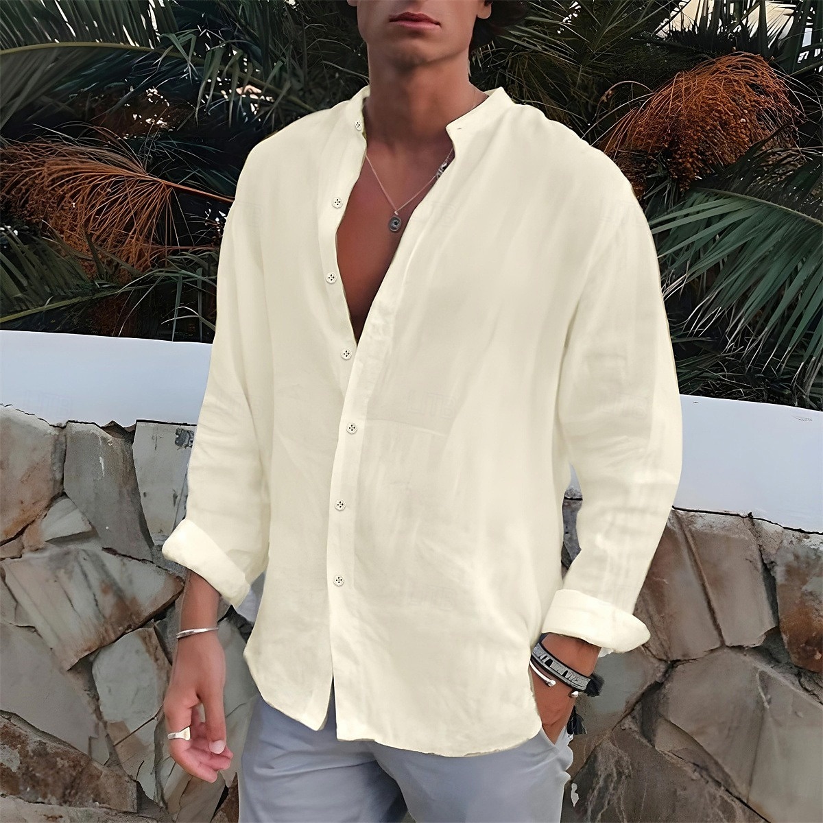 Per uomo Camicia Camicia con colletto a fascia Camicia estiva Abbigliamento mare Camicia con bottoni Liscio Esterno Da mare Nero Bianco Blu Verde Manica lunga Collo ripiegabile Primavera & Autunno del 2025 a $23.99 –P7