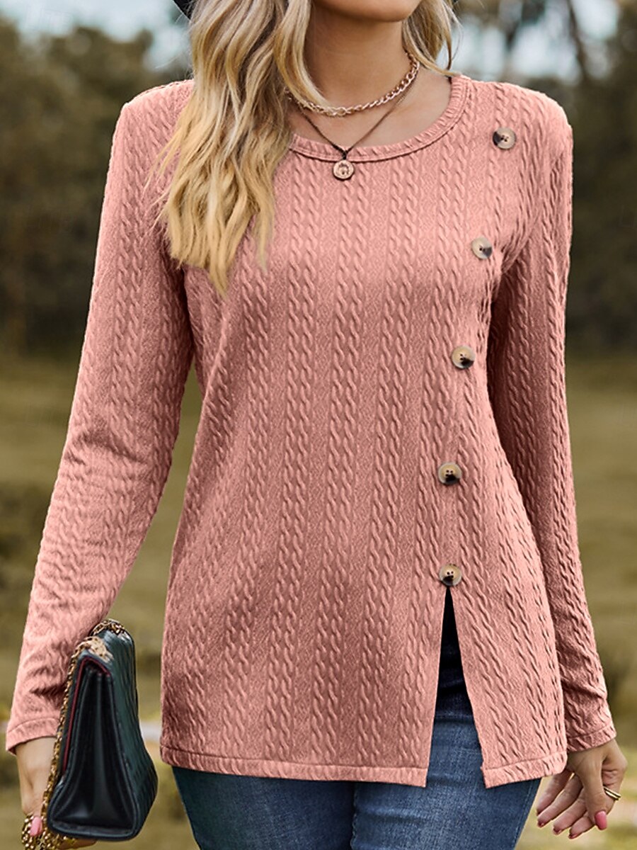 tops femininos para sair, estilosos, básicos, cor sólida, botões, assimétricos, manga comprida, tops regulares, gola redonda, diário, rosa empoeirado, primavera, outono, inverno de 2025 por R$203.75 –P1