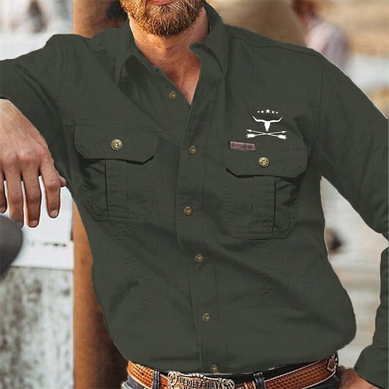 Men's Summer Shirt Casual Shirt Work Shirt Navy Blue Green khaki Light Grey Army Green Long Sleeve Cow Turndown Vacation Holiday Front Pocket Clothing Apparel Cotton Fashion Work Casual Comfortable 2026 - $29.99 –P5