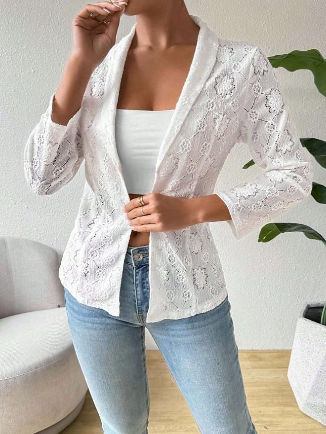 Damen Jacke Alltagskleidung Spitze Feste Farbe Windundurchlässig Vintage Regular Fit Oberbekleidung Langarm Frühling Weiß S 2025 - $40.99 –P4