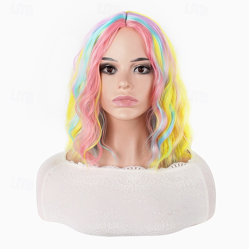 parrucche sintetiche corte da donna resistenti al calore capelli ricci parte centrale parrucca multicolore arcobaleno blu arancione sfumata del 2026 a $15.49 –P13