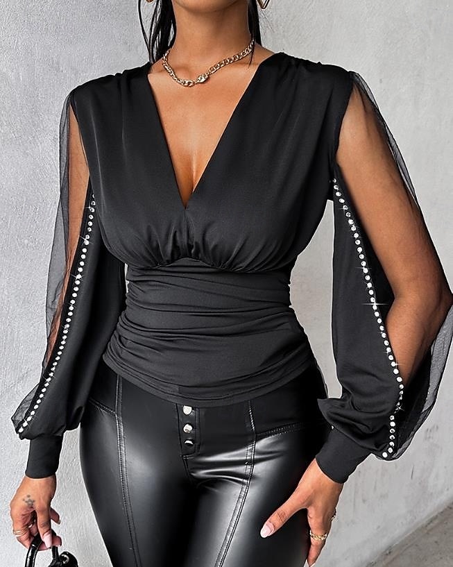 Dame Bluse Helfarge Stilfull Moderne Langermet V-hals Vanlige topper Arbeid Daglig Netting Lapper Svart Rød Lilla Brun Høst Vinter 2025 - $29.99 –P3