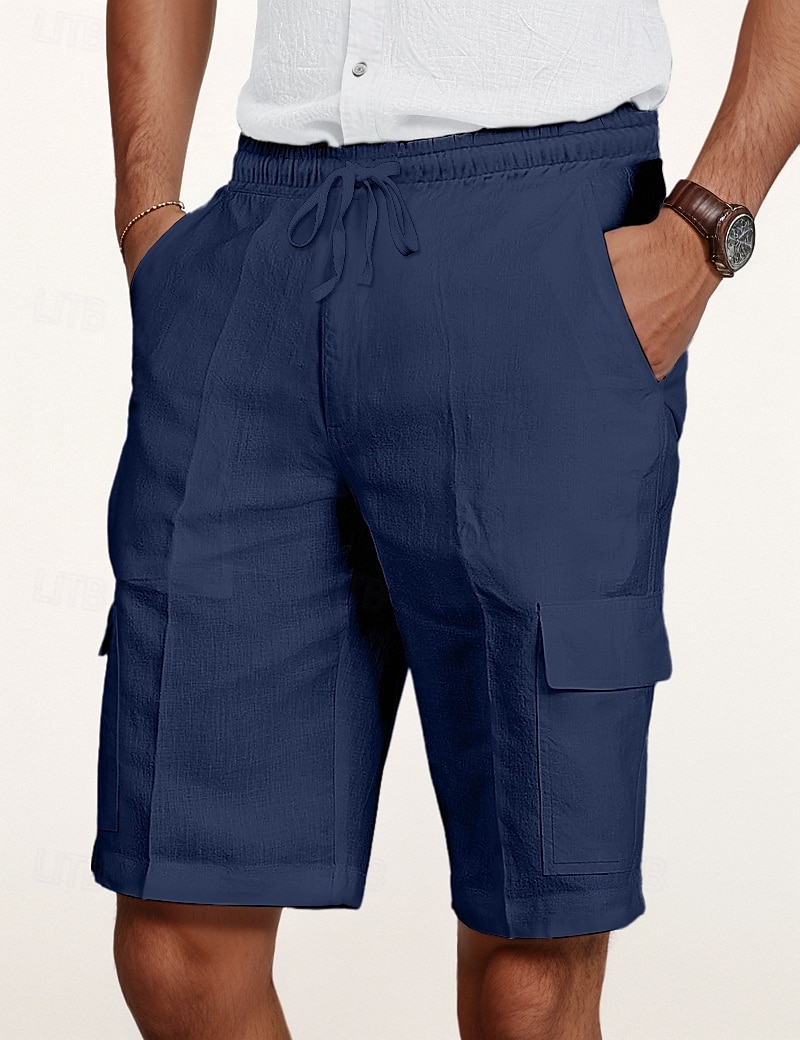 Men's Cargo Shorts Shorts Linen Shorts Summer Shorts Beach Shorts Drawstring Elastic Waist Multi Pocket Plain Knee Length Outdoor Casual Daily Vacation Casual Black White Inelastic 2025 - $22.99 –P10