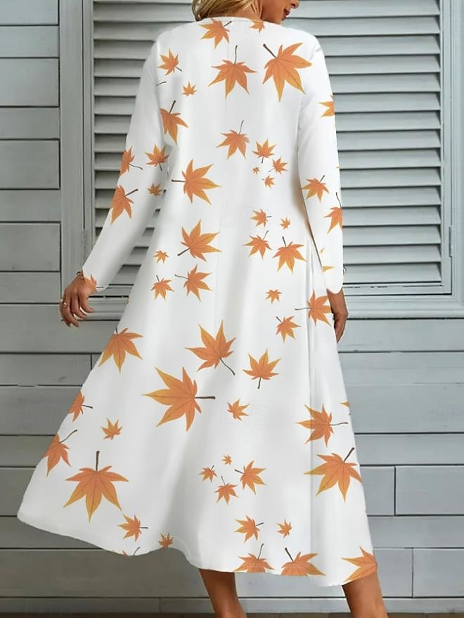 abito lungo da donna con stampa a foglie e scollo a V, manica lunga, primavera autunno del 2025 a $41.99 –P3