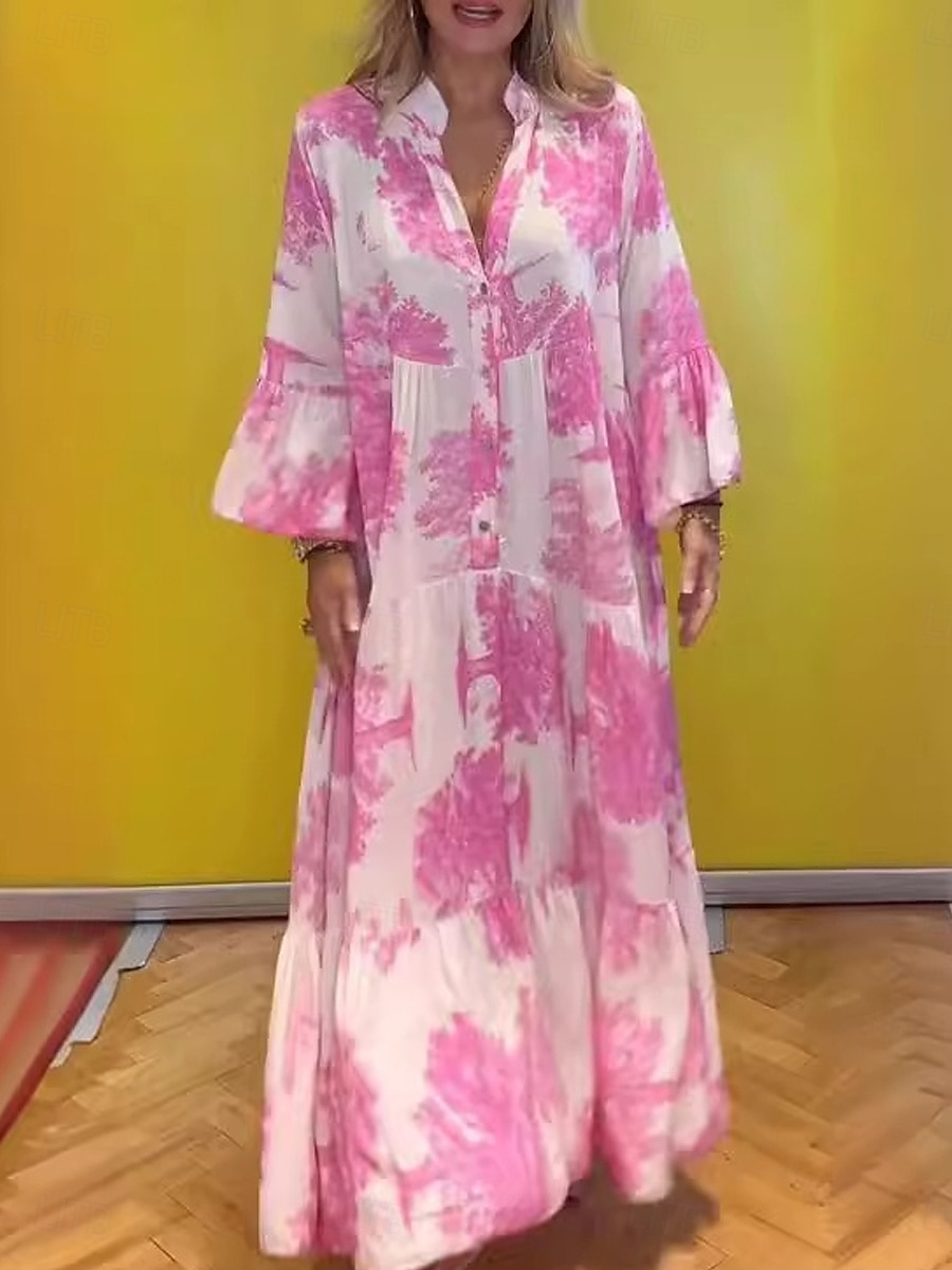 női virágos grafikai nyomtatás v nyakú kiszélesedő ujjú maxi ruha hosszú ujjú tavaszi ősz 2025 - $46.99 –P1
