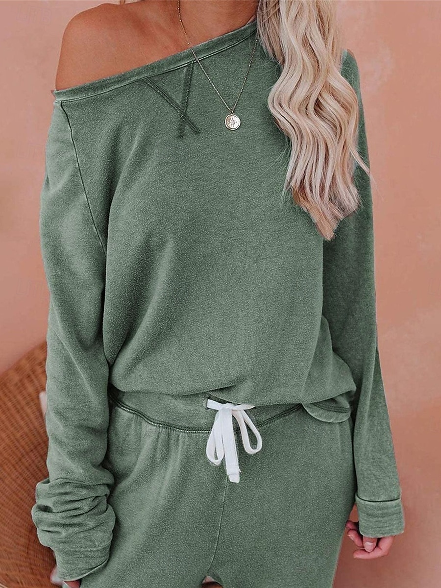 pyjamasset för kvinnor ren färg mode grundläggande komfort hem daglig säng andas rund hals långärmad byxficka resår midja höst vinter hem outfits 2025 - $36.99 –P12