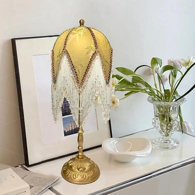 LED Table Lamp 3-Color Light Source Tassel Retro Fabric Bedside Lamp Premium Classic Victorian Style Nightstand Lamp with Beaded Fringe Trim for Bedroom Study 110-240V 2025 - $220.79 –P6