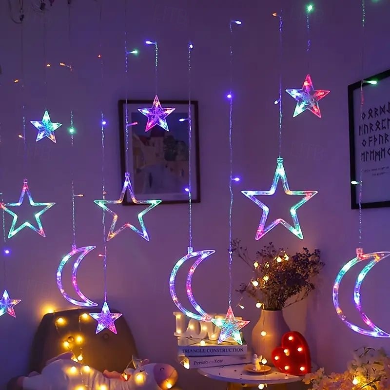 Rideau lumineux en forme d'étoile et de lune avec télécommande, 3,5 m, 138 LED, 8 modes, pour mariage, fête de Noël, extérieur, étanche, pour tente, chambre à coucher, salon, balcon, fenêtre, de 2025 ? $55.99 –P10