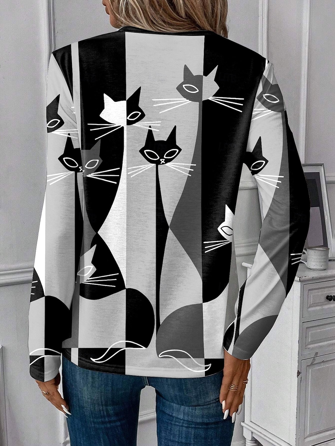 Camiseta Feminina de Manga Longa Gola Redonda Longa Tunic Casual Ombre Impressão de Gato Tops Regulares Diários Pretos Primavera Outono Pré-Outono de 2026 por $24.99 –P2