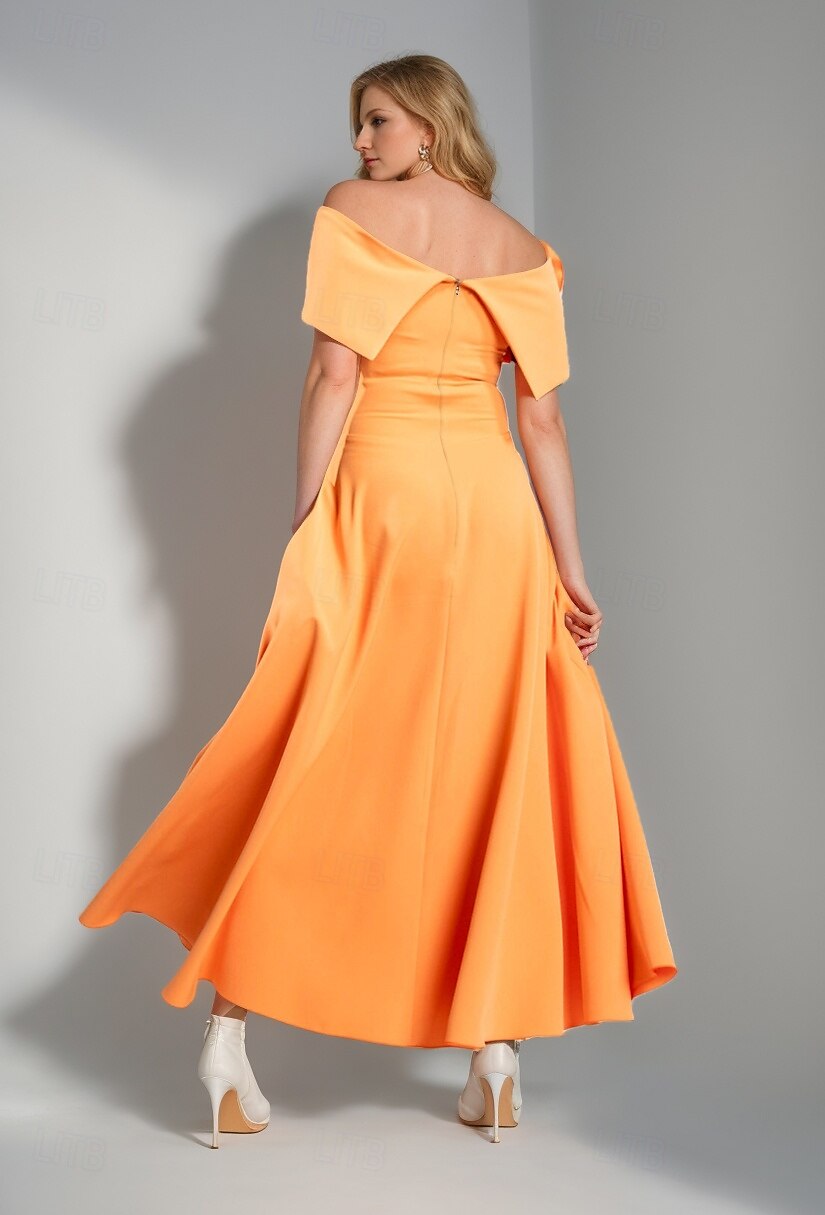 ts a-line madre della sposa abito elegante semplice spalle scoperte lunghezza tè raso elasticizzato manica corta con pieghe fiore 2025 taglia personalizzata gratuita del 2025 a $161.99 –P2