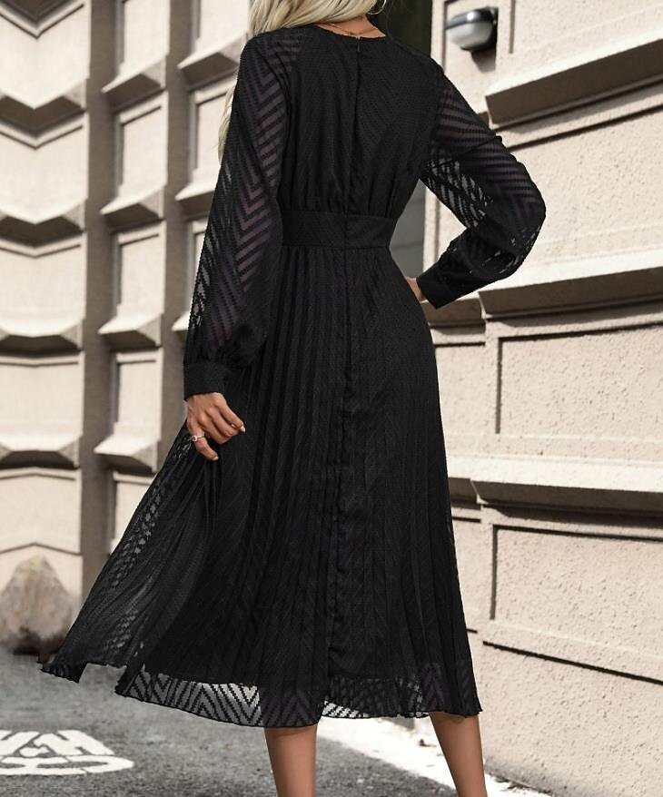 Dame Vanlig kjole Midikjole Netting Lapper Elegant Årgang V-hals Langermet Svart Blå Farge 2025 - $57.99 –P11