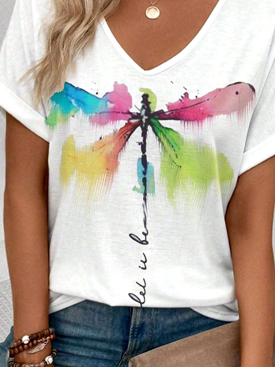Női Póló Grafika Alkalmi Rövid ujjú V-alakú Normál felsők Napi Nyomtatott Fehér Nyár Dragonfly And Letter Print 2025 - $19.99 –P3