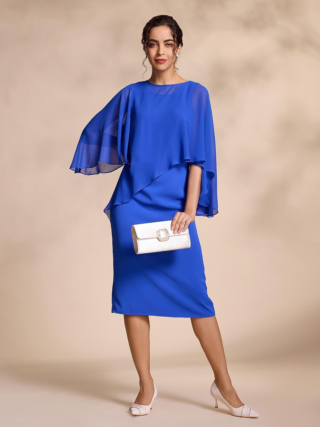 Vestido de gasa azul casual de 2 piezas con mangas redondas y corte midi para madre de la novia, vestido para impresionar 2024 2026 - $99.99 –P6