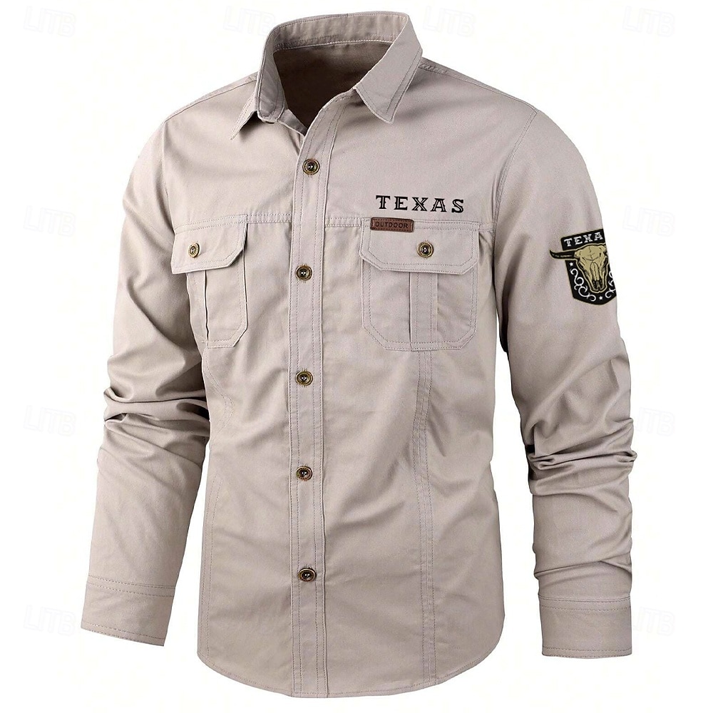 Men's Texas Cow Print Work Shirt Western Shirt Cargo Shirt Long Sleeve Casual Tactical Sports & Outdoor Going out Winter Spring &  Fall Turndown Print Black Army Green Khaki Beige 2026 - $29.99 –P4