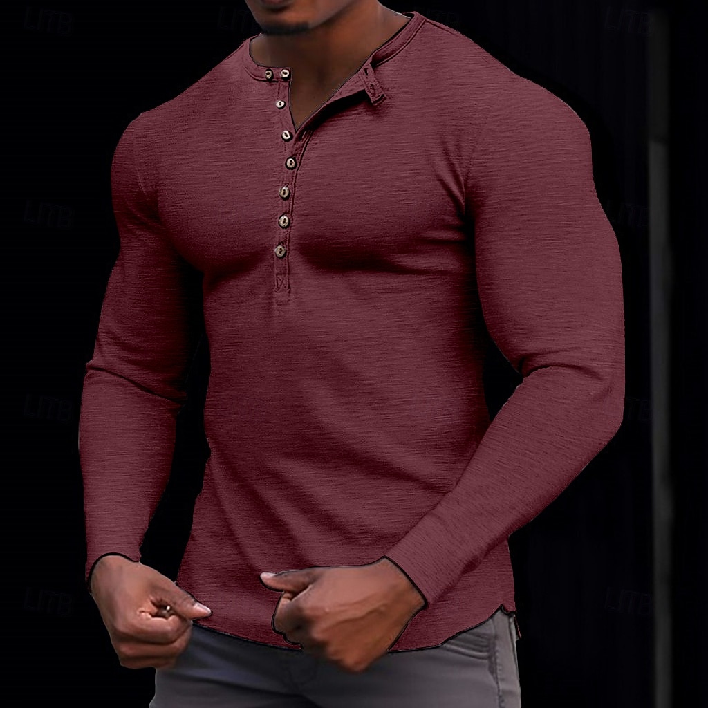 100% bawełniana męska koszulka henley koszulka z długim rękawem koszula z długim rękawem jednolity kolor modny codzienny guziki henley outdoor casual lato ciemnobrązowy wojskowa zieleń ciemnoszary henley t-shirt 2025 - $22.99 –P10
