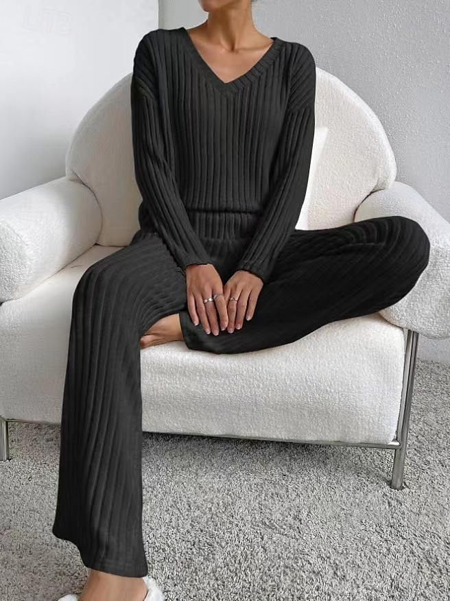 Women's Loungewear Pajama Set Simple Home V Neck Long Sleeve Pullover Pant Spring Fall Black Blue Home Outfits 2025 - $33.99 –P7