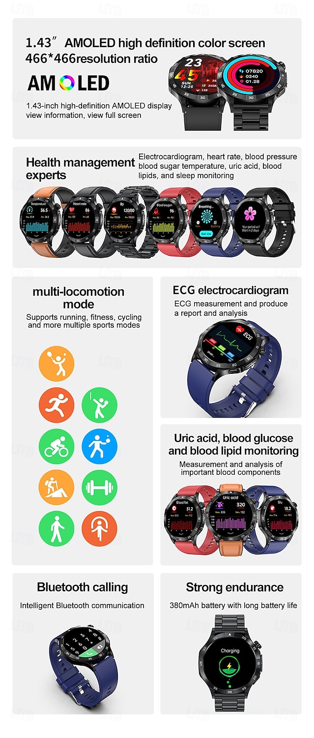 2025年 iMosi ET381 スマートウォッチ 1.43 インチ スマート·ウォッチ ブルートゥース ECG + PPG 温度監視 歩数計 と互換性があります Android iOS 女性 男性 ハンドフリーコール 防水 メディアコントロール IP 67 46mmの時計ケース  コレクション – $79.79 –P2