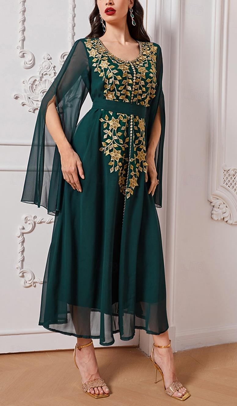 Damen Patchwork Vintage-Kleid kleid lang Glatt Rundhalsausschnitt Langarm Frühling Herbst Grün 2025 - $42.99 –P3