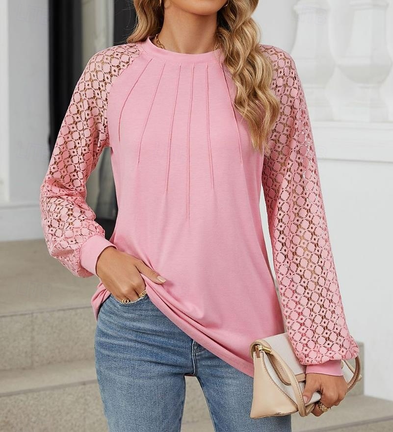 Women's White Elegant Lace Tops Eyelet Blouse Fashion Casual Lace Mesh Long Sleeve Regular Tops Crew Neck Daily Romantic Petite Tops Summer Holiday Wear Black White Pink Blue Summer Spring Fall 2025 - $32.99 –P3