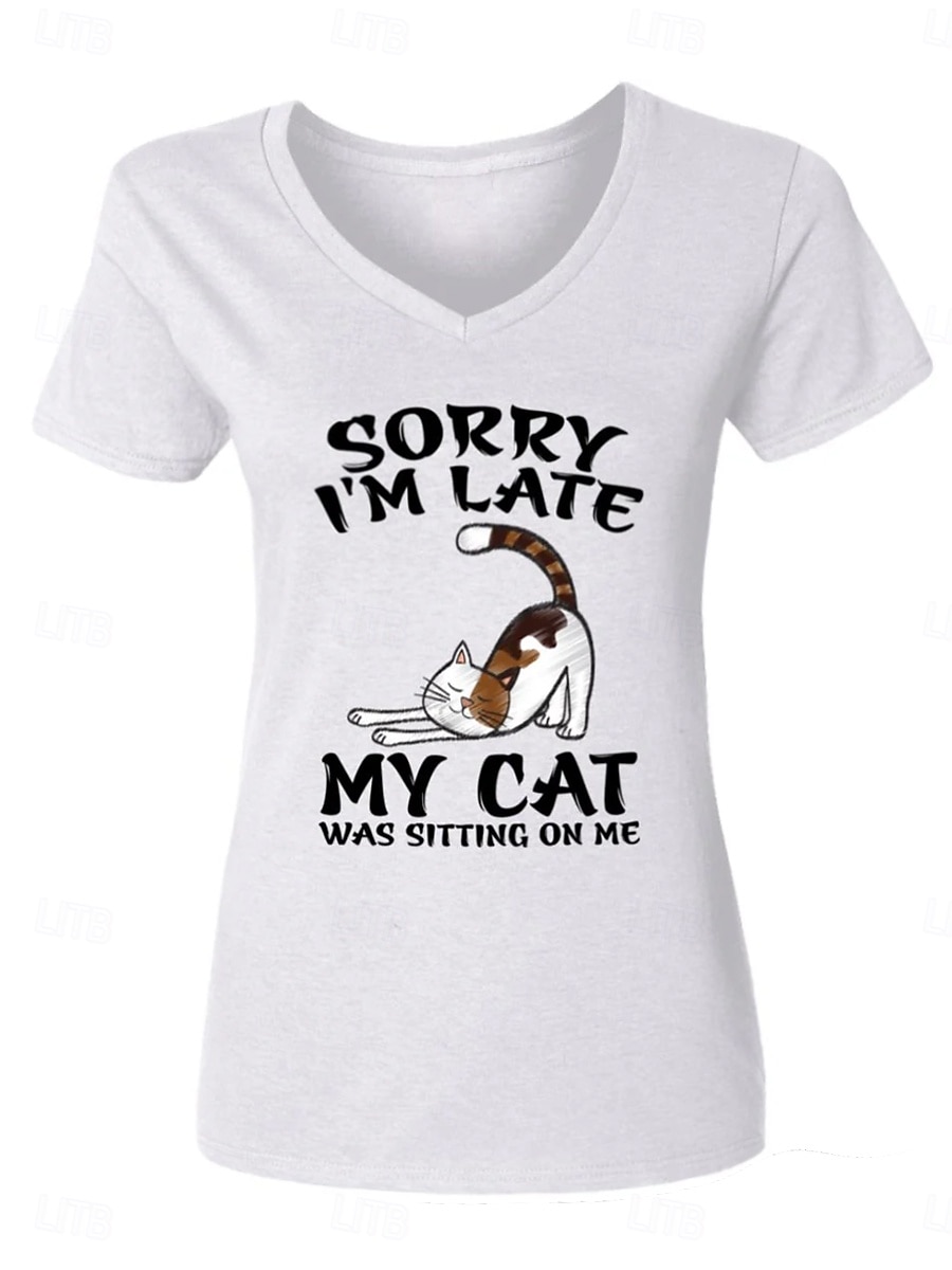 damska koszulka casual cat letter print krótki rękaw regular top dekolt w serek codzienny jasnoszary lato jestem w porządku 2025 - $21.99 –P1