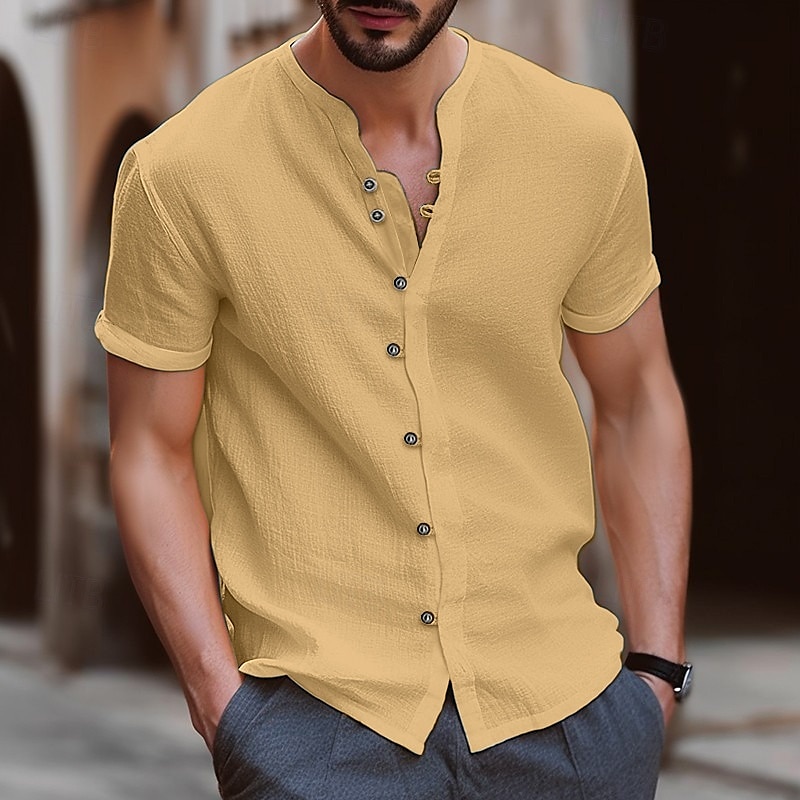 Men's Shirt Linen Shirt Band Collar Shirt Summer Shirt Beach Wear Button Up Shirt Plain Vacation Casual Black White Blue Khaki Short Sleeve Band Collar Summer Clothing Apparel 2025 - $21.99 –P7