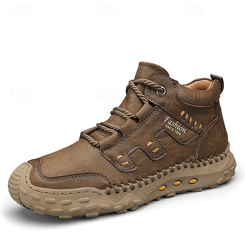 Men's Brown Faux Leather Outdoor Hiking Boots with Handcrafted Stitching, Lace-Up Design, and Non-Slip Sole - Durable and Comfortable Adventure Footwear 2025 - $64.99 –P1