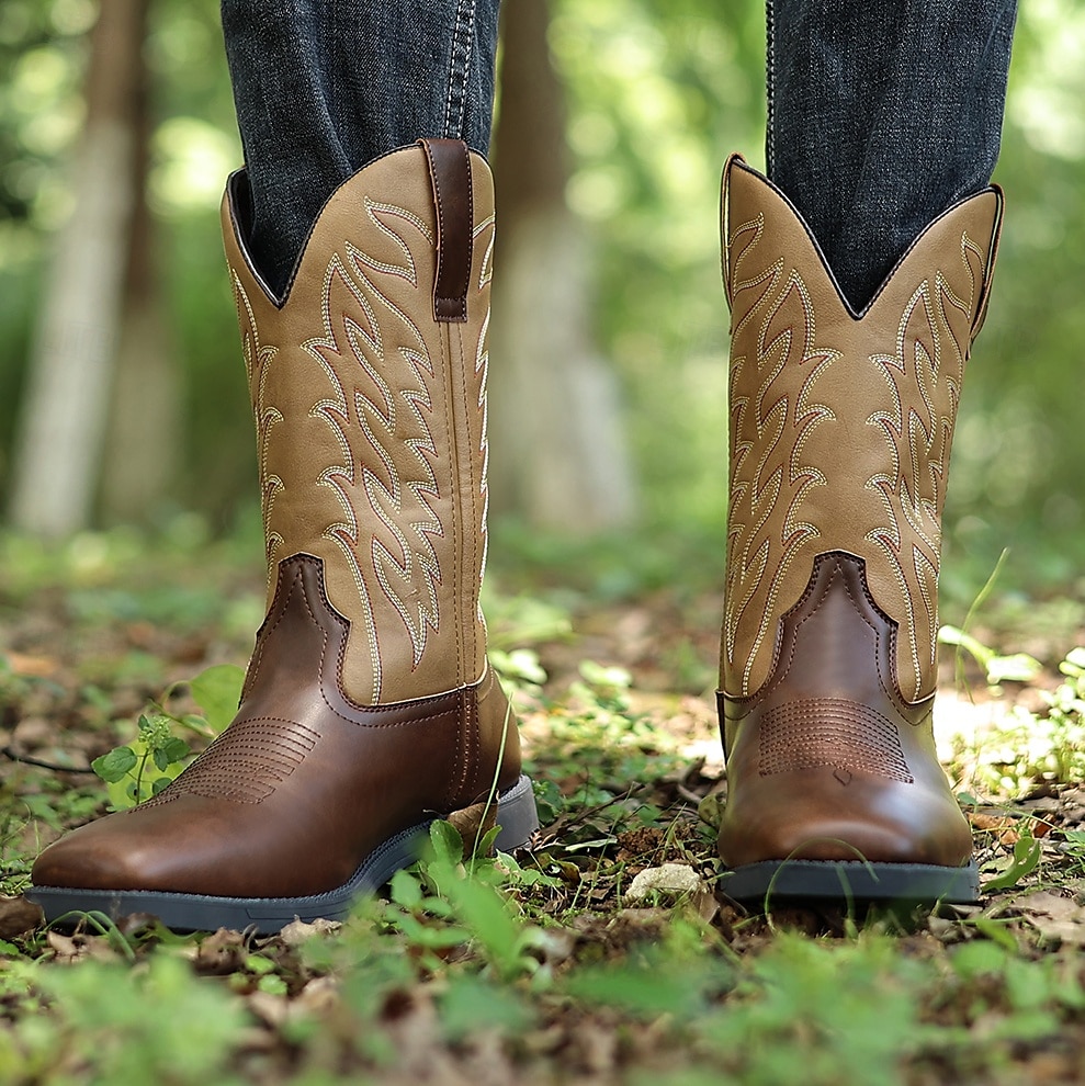 bottes de cowboy western marron pour hommes - similicuir avec détails brodés pour un style extérieur classique de 2025 ? $64.99 –P4