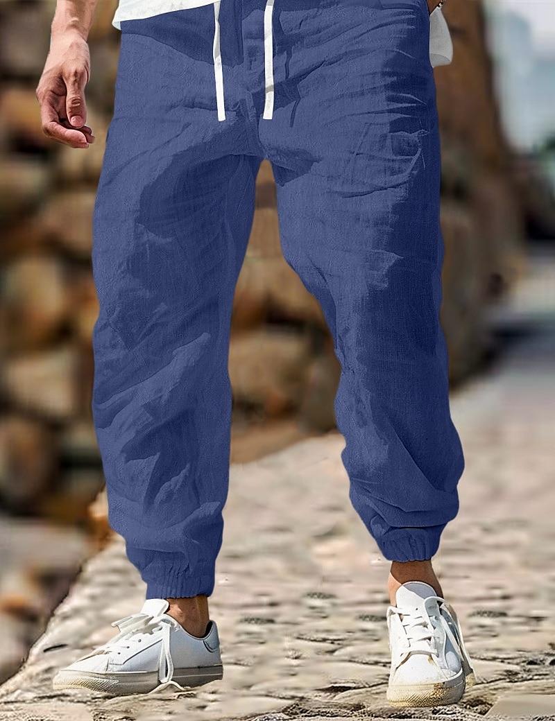 Men's Linen Pants Trousers Summer Pants Elastic Waist Straight Leg High Rise Solid Color Comfort Breathable Full Length Outdoor Home Casual Vacation Fashion Gray Green Black High Waist Inelastic 2025 - $27.99 –P8