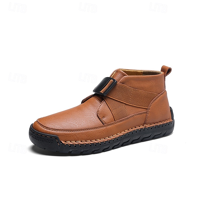 botins masculinos de couro sintético marrom com costura artesanal, tira e fivela para um estilo casual e ao ar livre de 2025 por $54.99 –P1