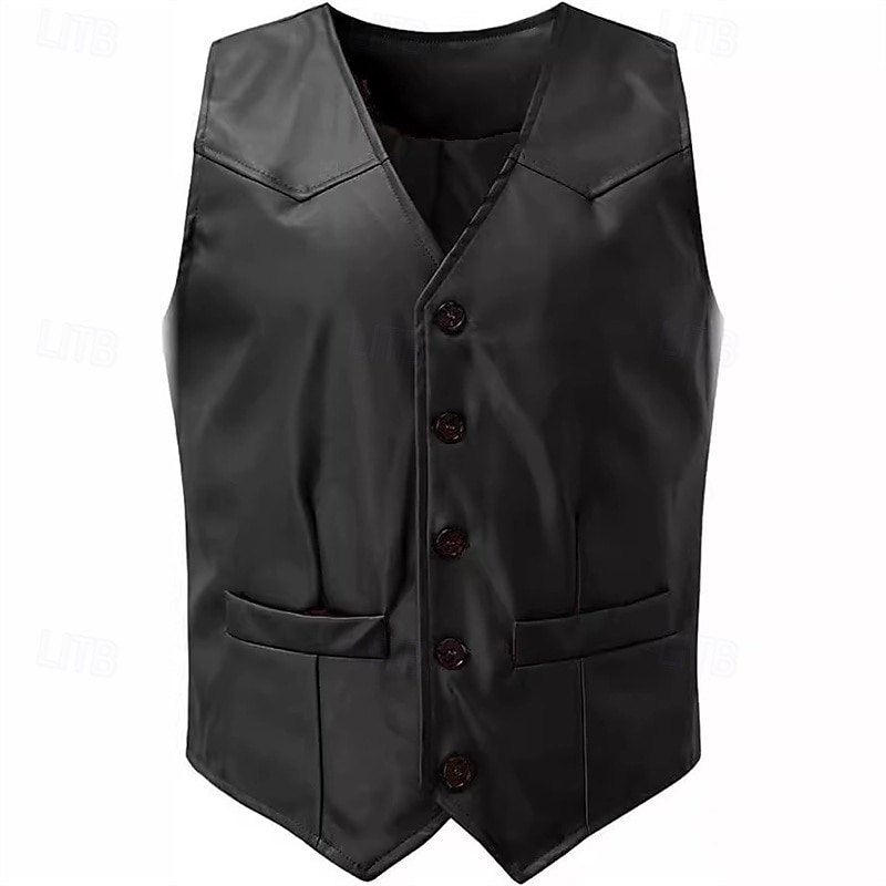 Men's Vest Gilet Leather Vest Daily Date Vacation Fashion Casual Spring & Fall Button Pocket Polyester Comfortable Plain Single Breasted One-button V Neck Regular Fit Black Burgundy Camel Vest 2025 - $45.99 –P3