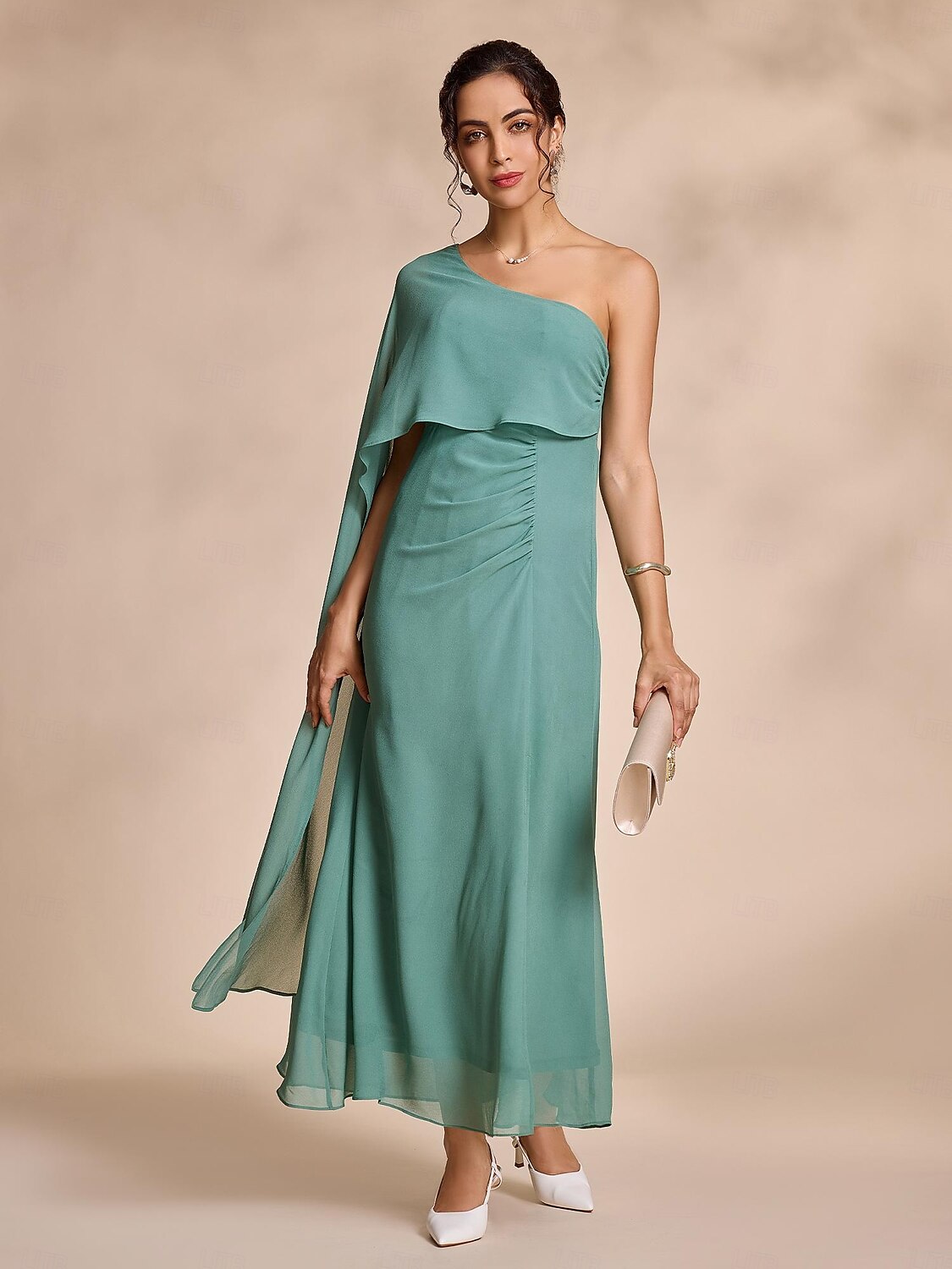 abito lungo con volant e peplo in chiffon verde per feste/invitati a nozze, abito per stupire 2024 del 2025 a $52.99 –P5