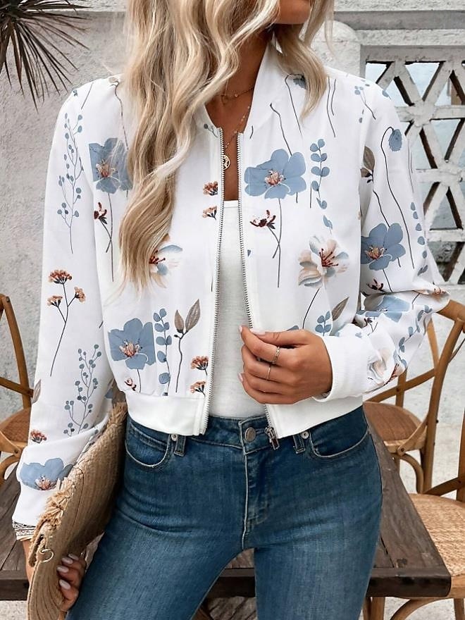 Damen Jacke Party Zip Blumen Windundurchlässig Modisch Regular Fit Oberbekleidung Langarm Herbst Weiß S 2025 - $38.99 –P4