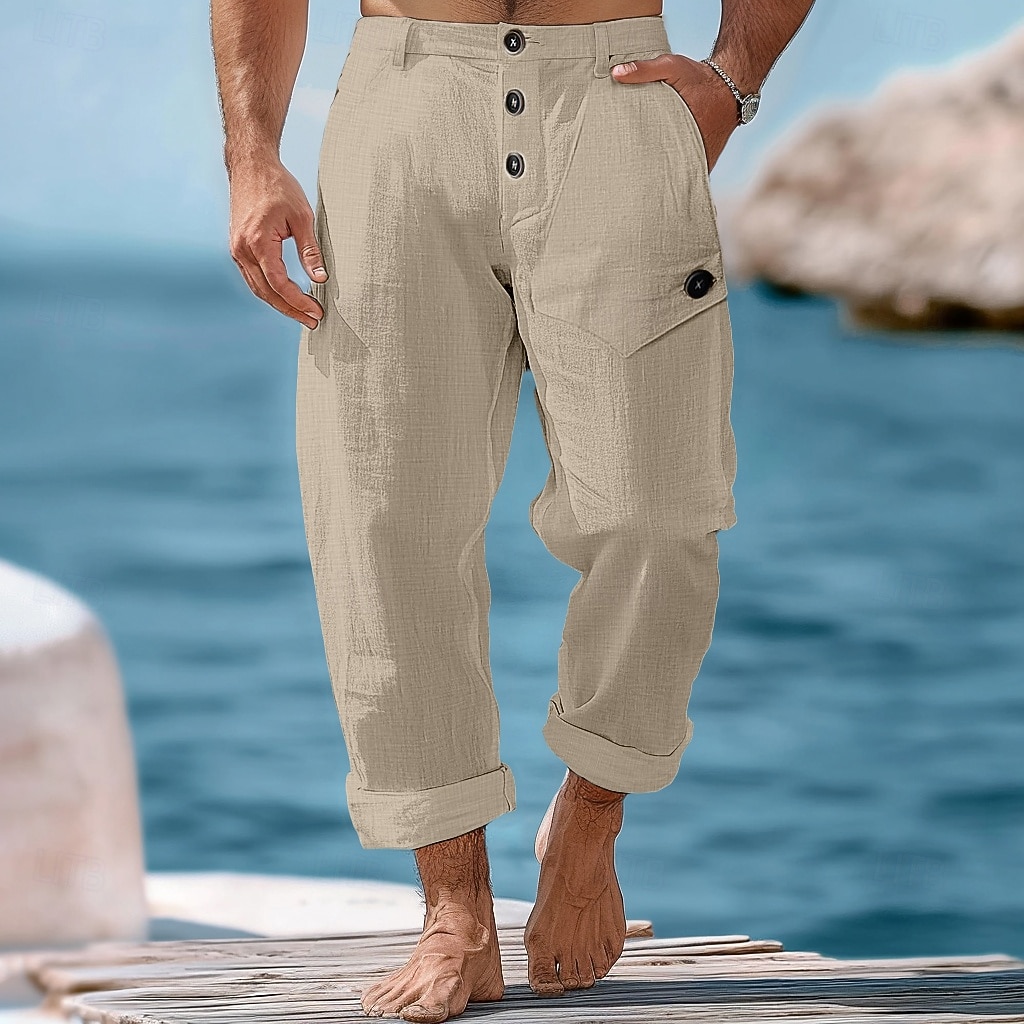 Men's Linen Pants Trousers Summer Pants Beach Pants Front Pocket Straight Leg Plain Comfort Breathable Full Length Casual Daily Holiday Vacation Fashion White Blue Micro-elastic 2026 - $26.99 –P6