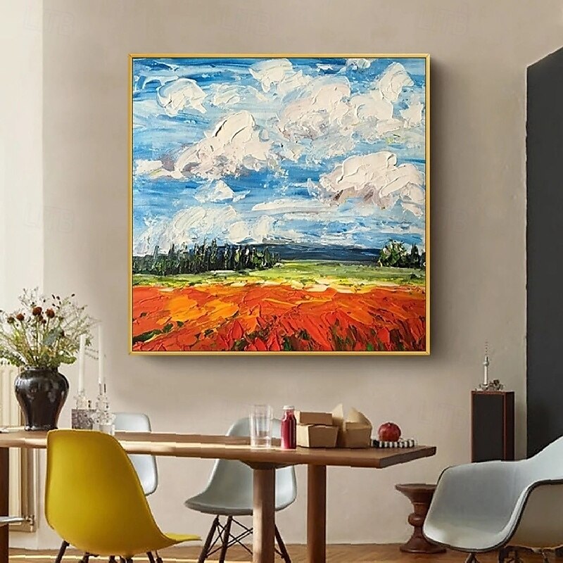 3D-Ölgemälde mit Bergen, handgemalt, dicke Textur, Ölgemälde mit Blütenblättern, beige-blaues Skyline-Schneegemälde auf Leinwand, handgemaltes abstraktes strukturiertes Ölgemälde für Wandkunst, 2025 - $125.99 –P4